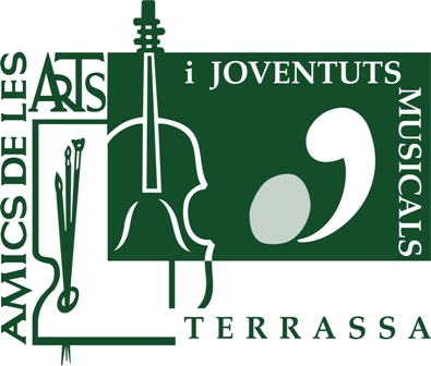 Logo Amics de les Arts i Joventuts Musicals de Terrassa. Pincells, un violí i notes musicals.