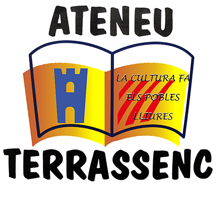 Logo Ateneu Terrassenc. Un llibre obert amb un castell a la esquerra i a la dreta cuatre barres vermelles sobre groc i el text "la cultura fa els pobles lliures"